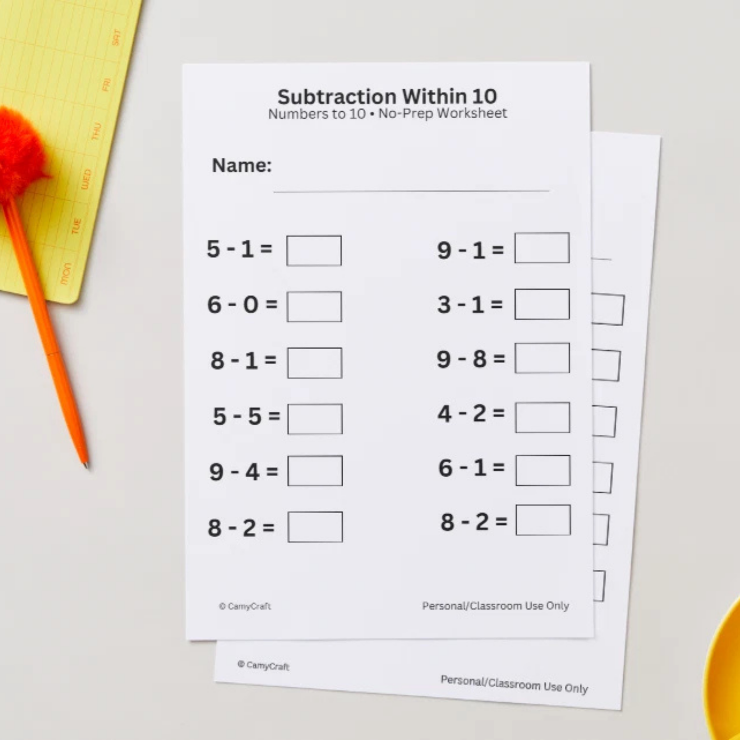 A4 Subtraction Worksheets 0–10 | 10 Printed Sheets | KS1