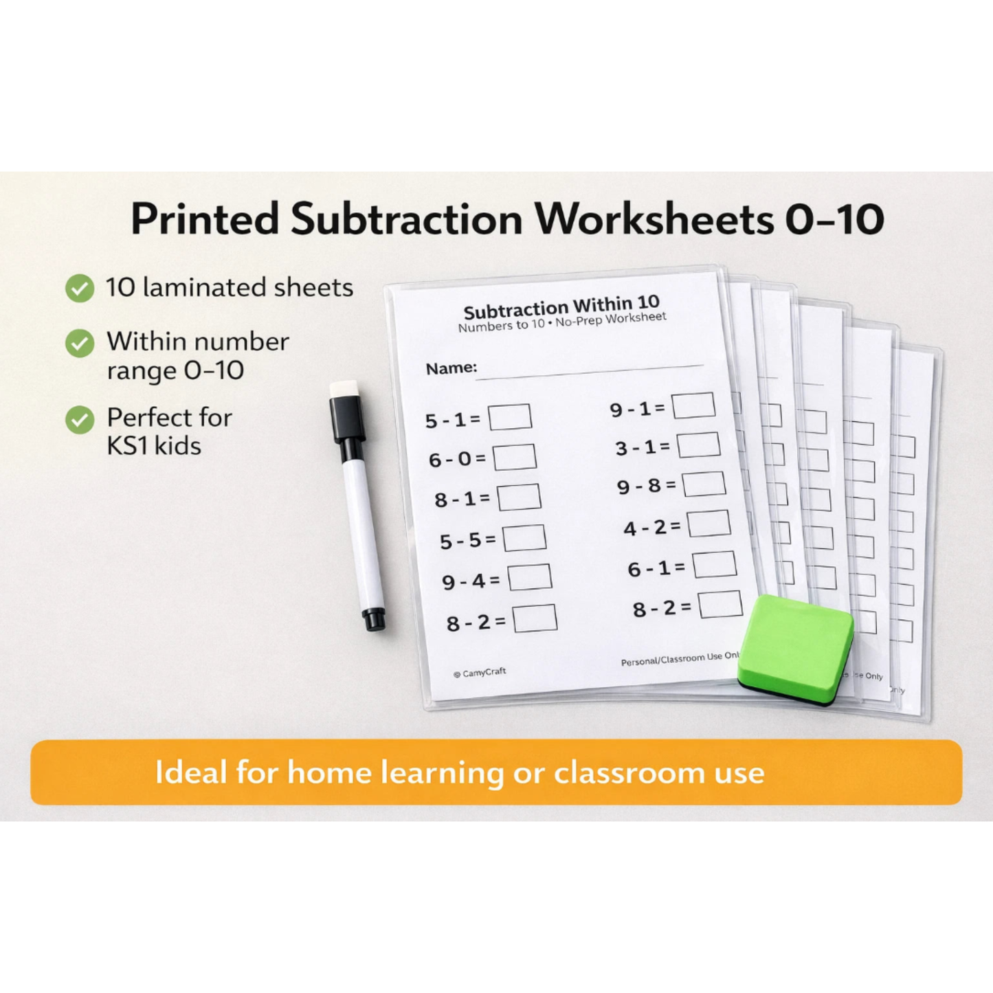 Laminated Subtraction Worksheets 0–10 | A4 | KS1 | Includes Marker & Eraser