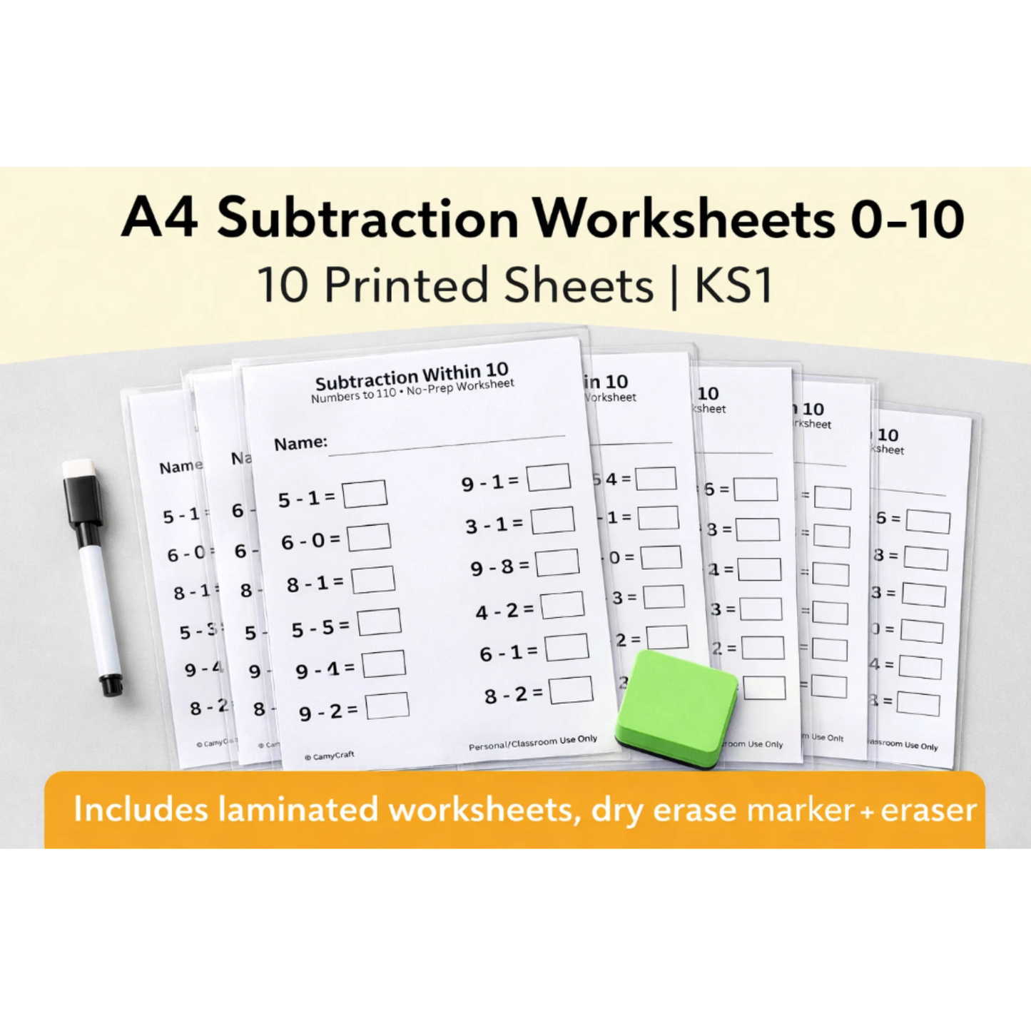 Laminated Subtraction Worksheets 0–10 | A4 | KS1 | Includes Marker & Eraser