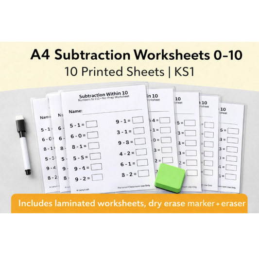 Laminated Subtraction Worksheets 0–10 | A4 | KS1 | Includes Marker & Eraser