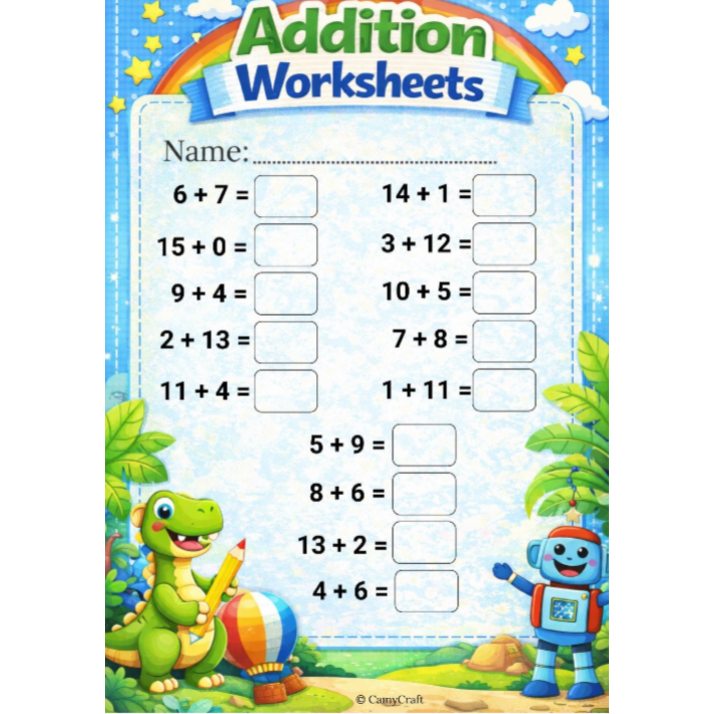 Laminated Addition Worksheets 1–15 | 7 Themed Sheets A4 | Kindergarten & 1st Grade | Includes Marker & Eraser