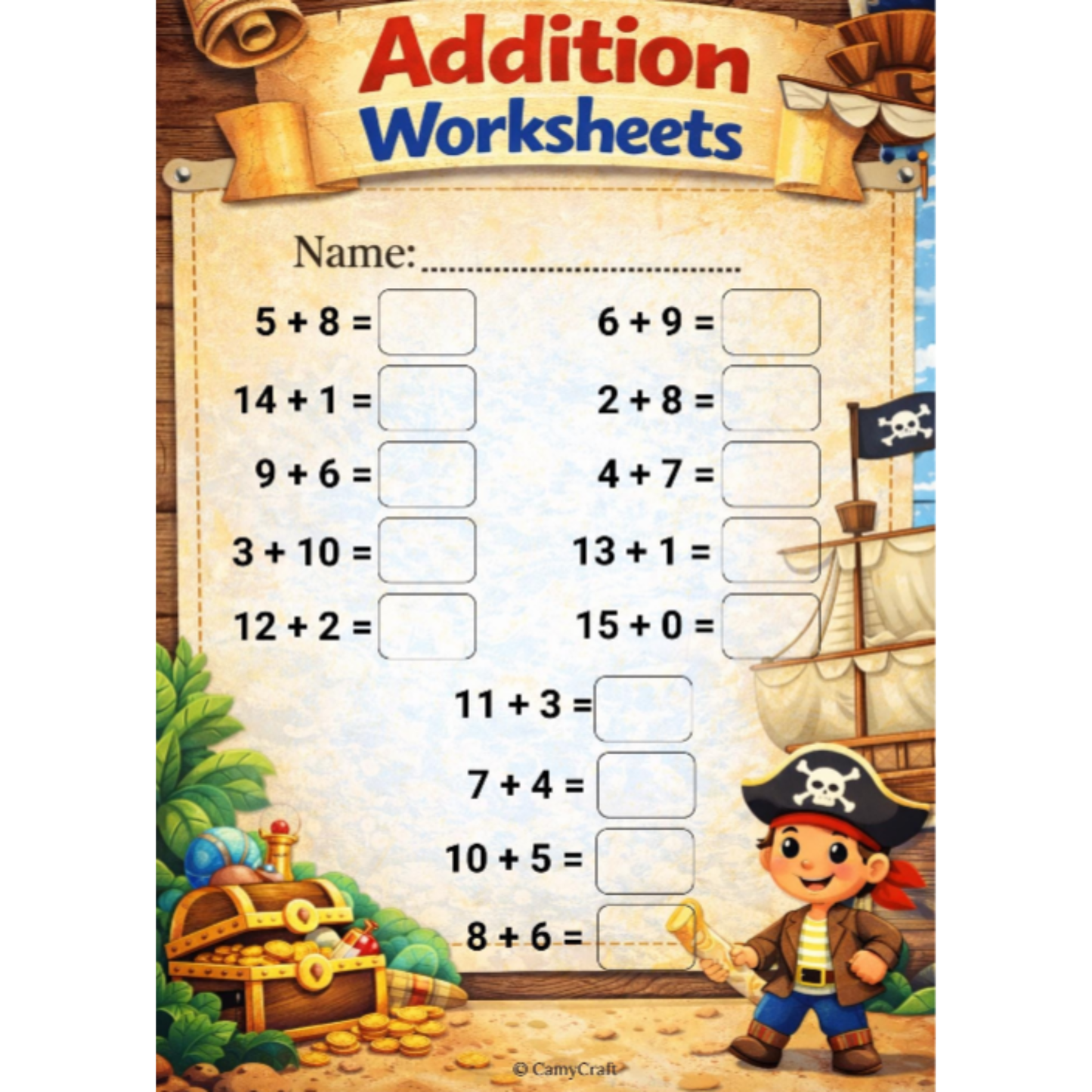 Laminated Addition Worksheets 1–15 | 7 Themed Sheets A4 | Kindergarten & 1st Grade | Includes Marker & Eraser
