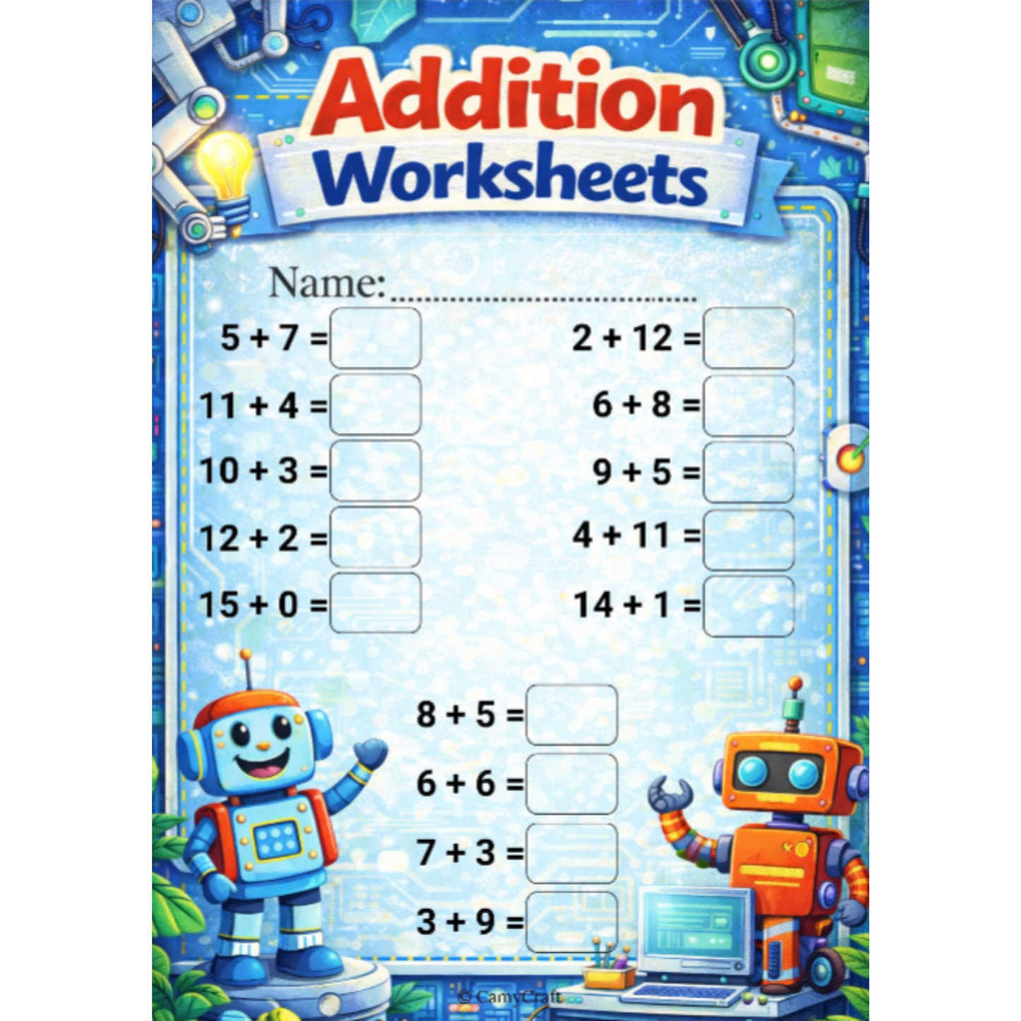 Laminated Addition Worksheets 1–15 | 7 Themed Sheets A4 | Kindergarten & 1st Grade | Includes Marker & Eraser