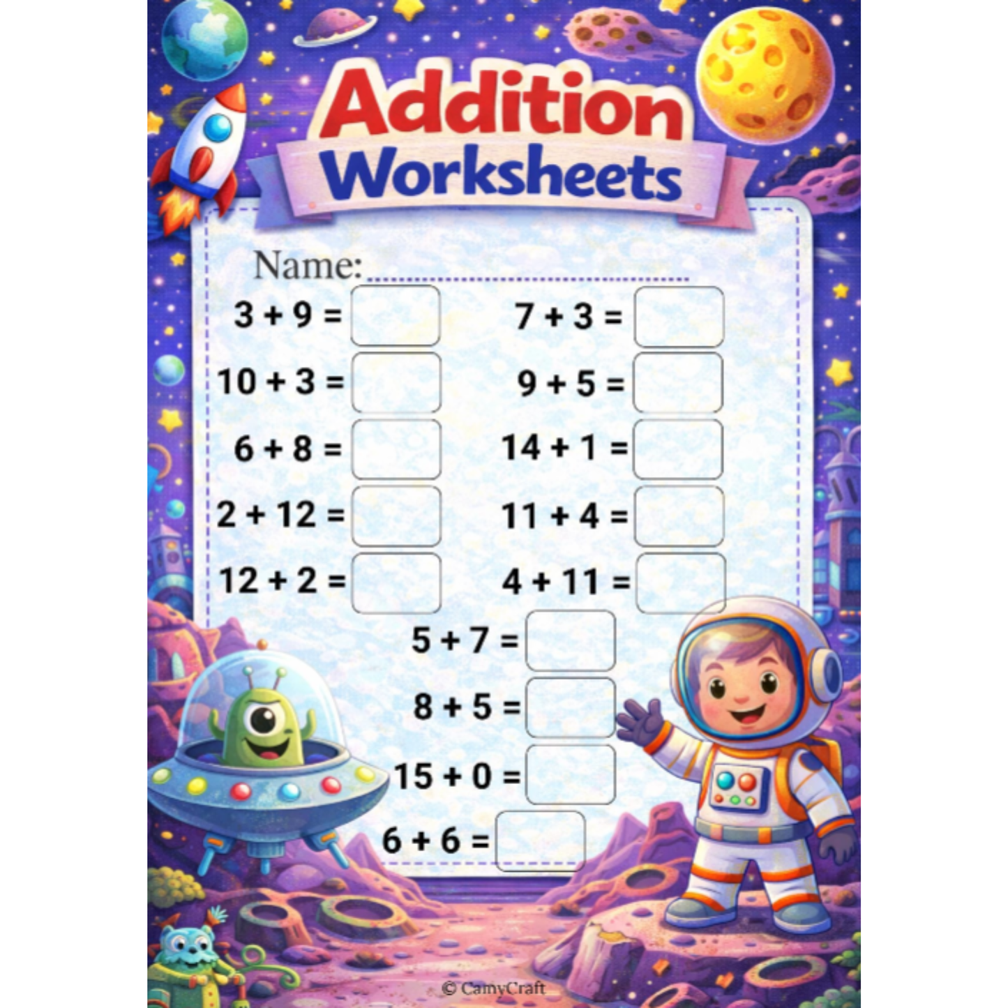 Laminated Addition Worksheets 1–15 | 7 Themed Sheets A4 | Kindergarten & 1st Grade | Includes Marker & Eraser