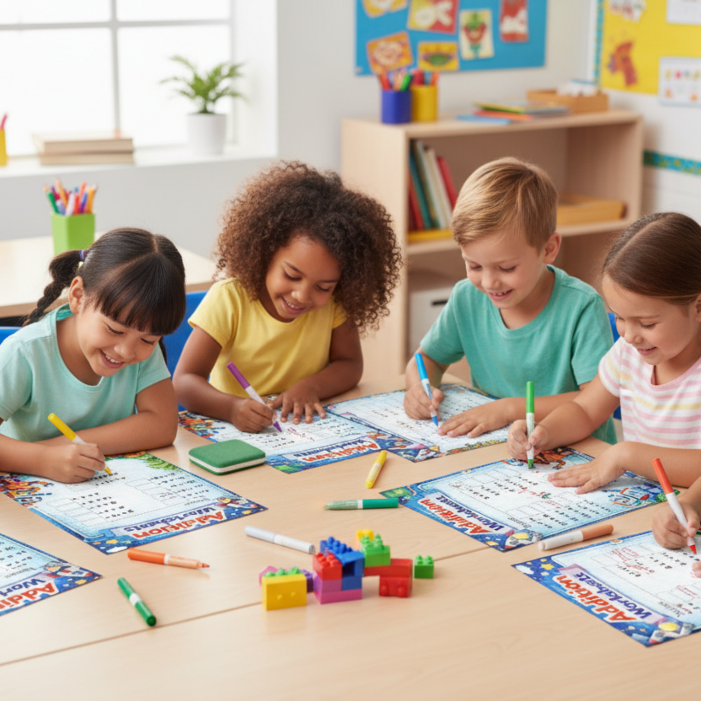 Laminated Addition Worksheets 1–15 | 7 Themed Sheets A4 | Kindergarten & 1st Grade | Includes Marker & Eraser