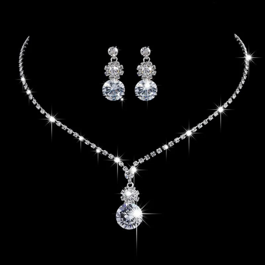 Luxurious Double Drop Rhinestone Bridal Jewelry Set | Earrings & Necklace
