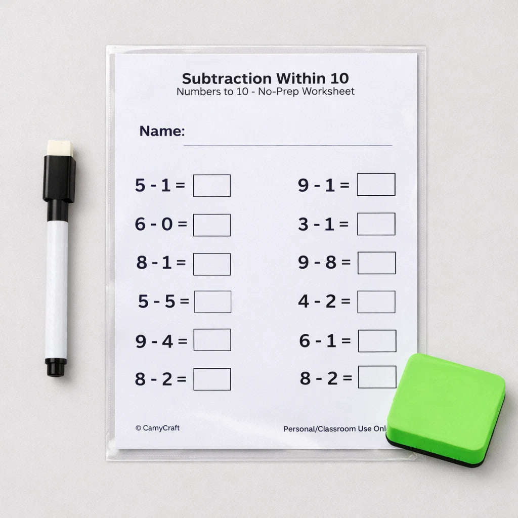 Laminated Subtraction Worksheets 0–10 | A4 | KS1 | Includes Marker & Eraser